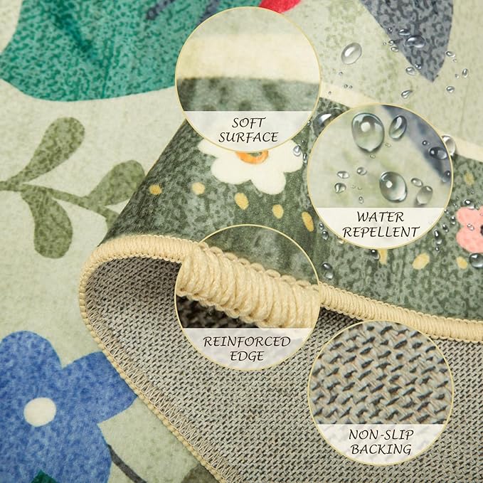 Floral 3x5 Area Rug Machine Washable Soft Print Boho Carpet Non Slip Doormat Low Pile Flower Area Rugs for Living Room Bedroom Nursery Kitchen Dining Room Indoor-Light Green