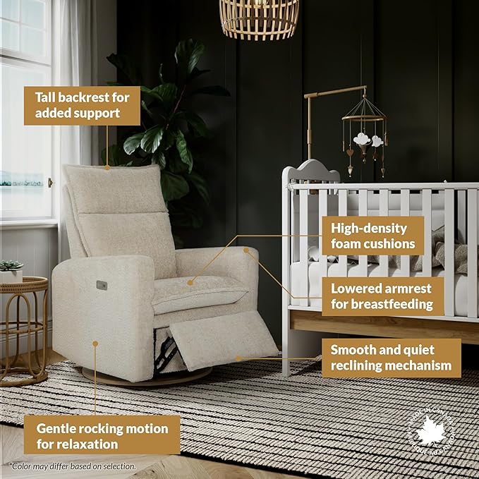 Arya Modern Nursery Chair Glider Recliner with 180° Swivel - Cozy Motorized Reclining Nursing Chair with USB Ports, Gentle Motion, Ergonomic Design, Canadian-Made (Silver Grey/Nubia Fabric)