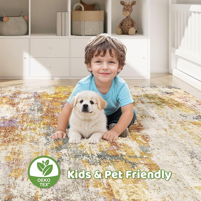 9x12 Area Rugs Living Room: Machine Washable Large Abstract Modern Soft Rug Stain Resistant Indoor Floor Non Slip Accent Carpet for Bedroom Nursery Playroom Office Dining Room Dorm- Gold Colorful