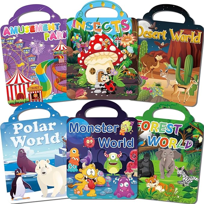 6Set Reusable Sticker Books for Kids 1-3 2-4 Years Old, 3D Puffy Stickers Books for Toddlers,Monster+Insects+Forest+Desert+Polar+Amusement Park