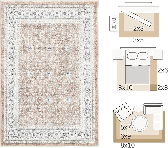 jinchan Floral 5x7 Area Rugs for Bedroom - Machine Washable Vintage Distressed Boho Design Throw Rug Stain Resistant Carpet Low-Pile Thin Non-Slip for Nursery Living Room Dining Room (5‘x7',Orange)