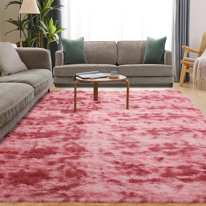 4x5.8 Area Rug, Fluffy Rugs for Living Room, Plush Carpet Rugs for Bedroom, Non-Slip Indoor Rug for Nursery, Study Room, Playroom, Home Decor, Tie-Dyed Dark Pink