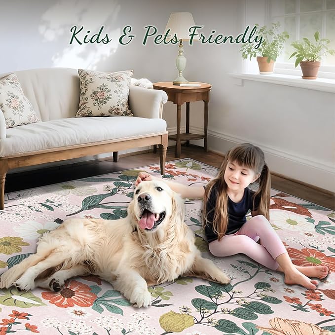 Area Rug Living Room Rugs: 5x7 Washable Rug Vintage Floral Soft Boho Non Slip Carpet Indoor Floor Non Shedding Low Pile Thin Carpets for Bedroom Dining Room Farmhouse Nursery Home Office Light Pink