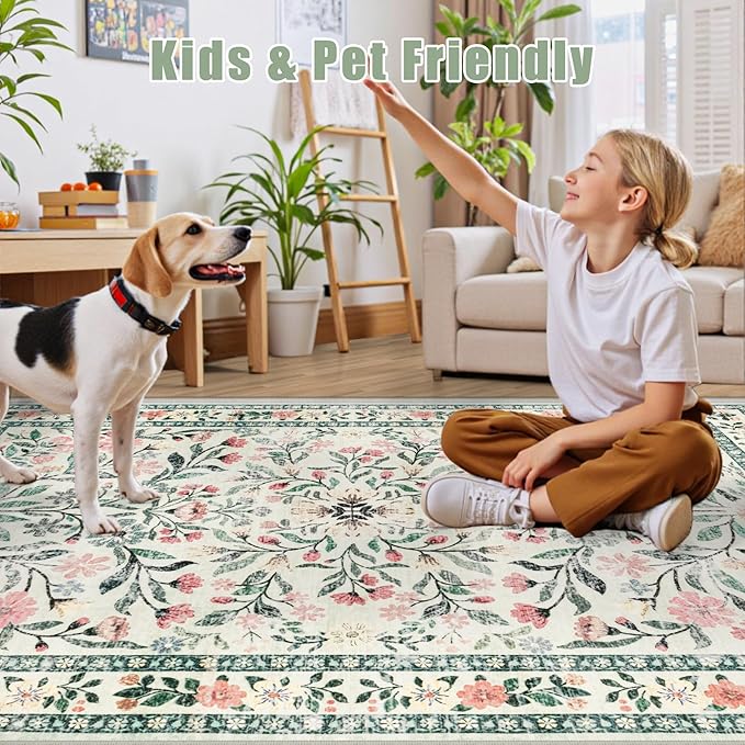 Area Rug Living Room Rugs: Floral 5x7 Washable Rug Vintage Soft Boho Non-Slip Carpet Indoor Stain Resistant Large Carpets for Bedroom Dining Room Farmhouse Nursery Hallway Home Office Green Beige