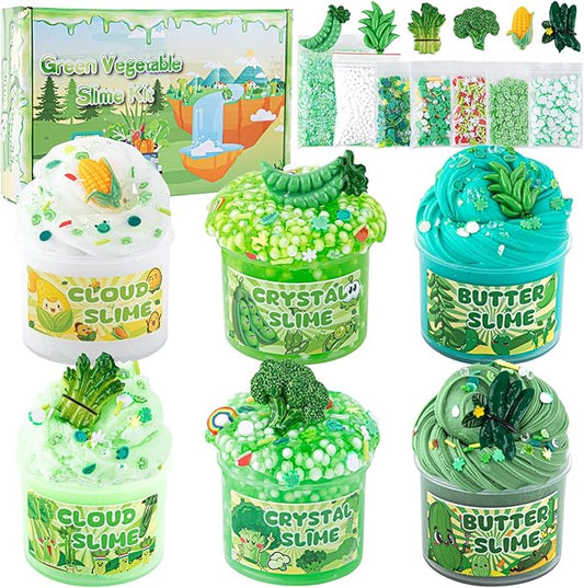 6 Packs Gradient Green Slime Kit - Cloud Butter Clear Slime, Crunchy Slimes for Kids with Various Slime Add-ins, Non Sticky Slimes Party Favors for Girls and Boys