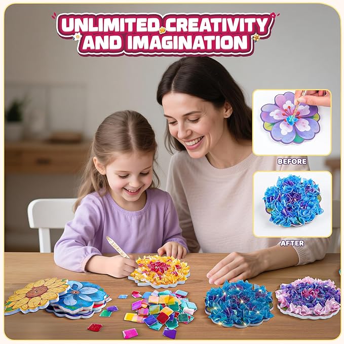 Flower Bouquet Art Craft Kit, Poke DIY Creative Activity Kit with with 6 Flowers & 6 Light Strings, Mess-Free Fun for Girls & Boys, Fun & Educational Kids Craft Gift for Girls Boys Ages 4, 5, 6, 7, 8+