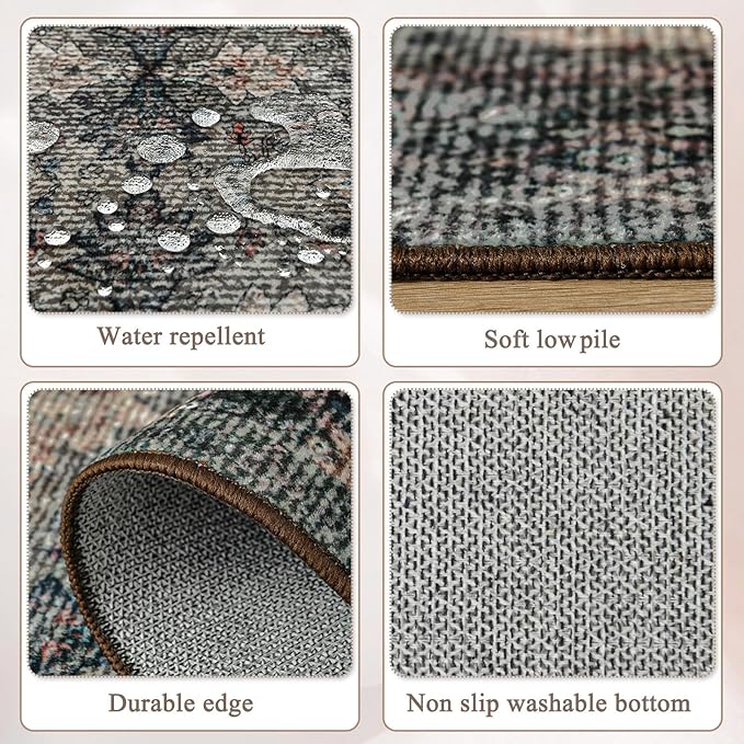 4x6 Area Rug for Bedroom Machine Washable, Non Slip Vintage Floral Kitchen Rugs for Dining Room, Rustic Indoor Floor Carpet for Kids Room, Playroom, Farmhouse(Dark Green/Brown/Multi)