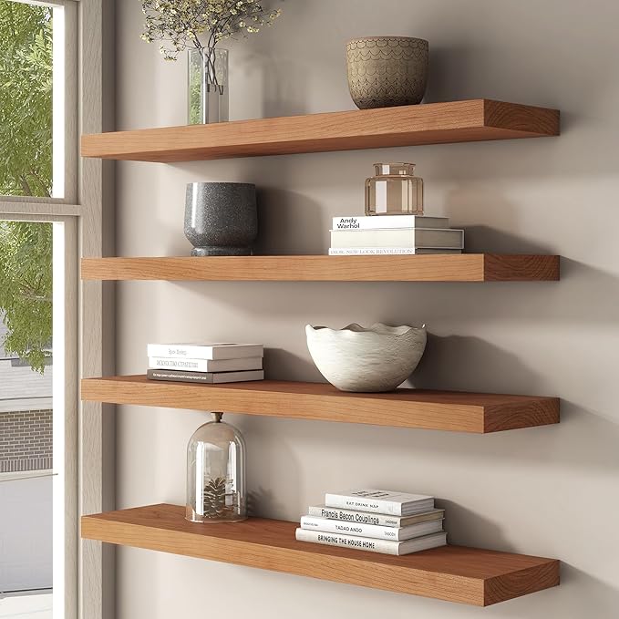 Floating Shelves for Wall, USA-Sourced Cherry Wood 36 Inch Long Wall Shelves Set of 2, Natural Wooden Wall Mounted Picture Ledge Shelf, Nursery Book Storage Shelf Kids Bookshelf, Display Shelf