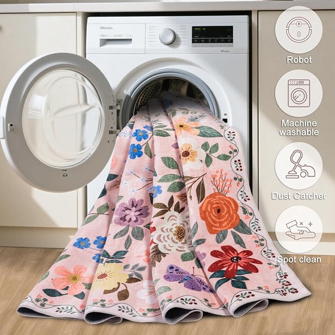 6x9 Area Rugs for Living Room: Floral Washable Rug Vintage Large Soft Boho Non-Slip Carpet Indoor Floor Stain Resistant Thin Carpets for Bedroom Dining Room Farmhouse Nursery Hallway Home Office Beige