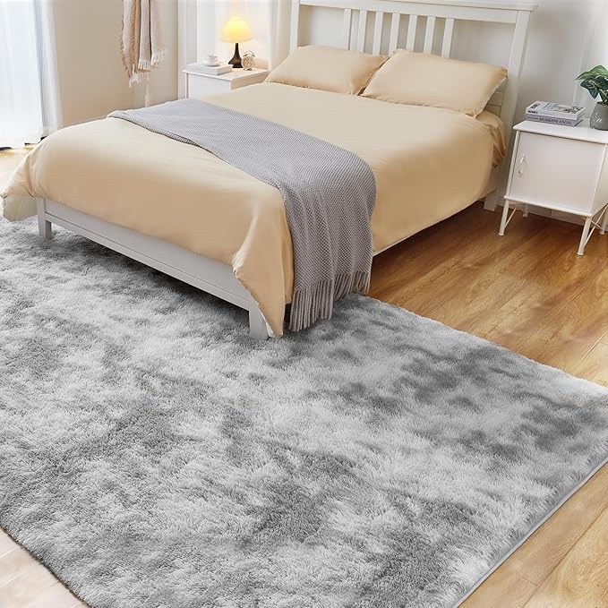 6x9 Area Rugs for Living Room, Fluffy Shaggy Bedroom Rug Indoor Carpet, Anti-Skid Soft High Pile Rug for Nursery, Kids Room, Bedside, Home Decoration, Tie-Dyed Light Grey