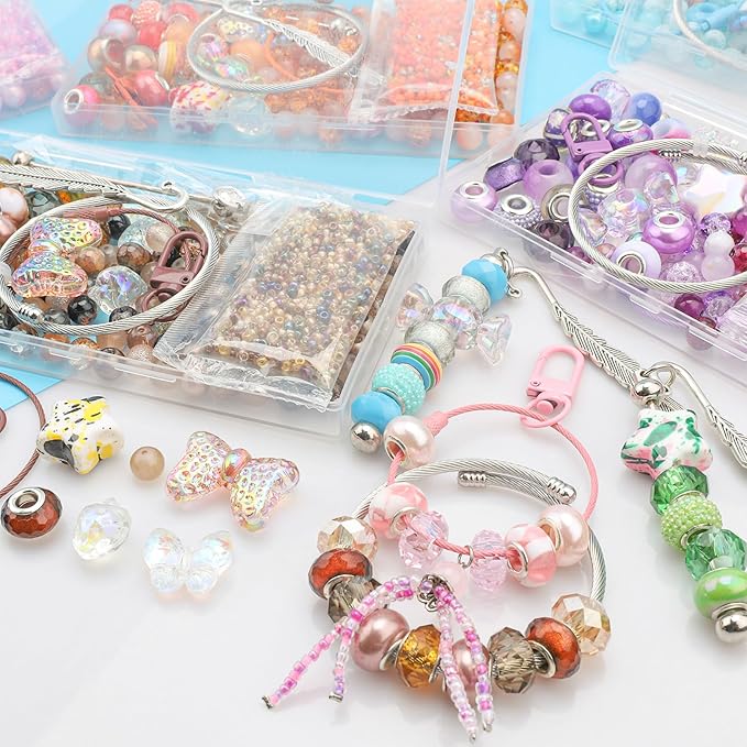 630pcs Beads for Bracelets Making Kit, European Large Hole Beads for Pens, 8mm Round Glass Beads with Charms Spacer Beads for DIY Bracelet Necklace Earring Jewelry Making (Lake Blue)