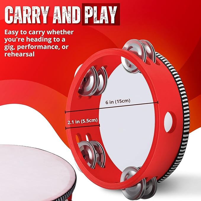 Flexzion Wood Handheld Tambourine Adults 6-Inch Double Row 8-Pair Jingles (Red) - Percussion Round Tamborines Musical Instrument with Metal Zills