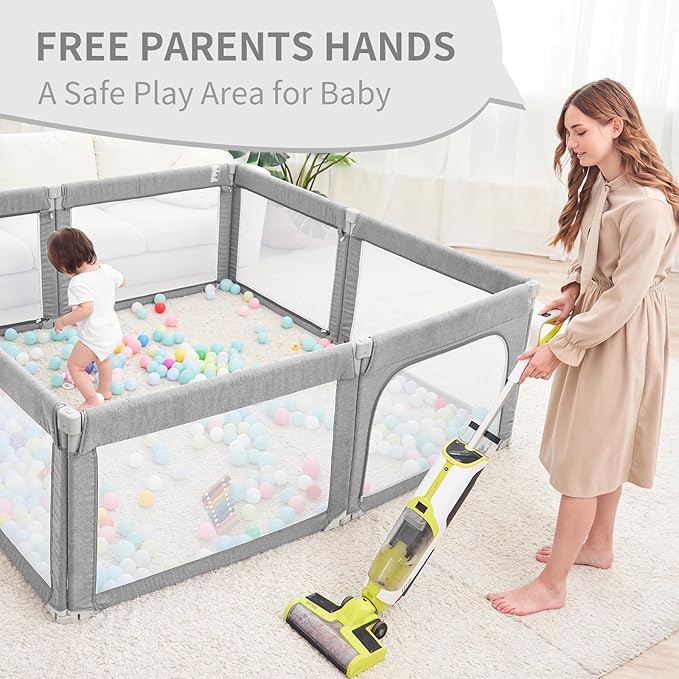 Foldable Baby Playpen, Shape & Size Adjustable Playpen for Toddler, 79x71 Large Play Pens Safety Mesh Foldable Playard for Babies, Portable Baby Fence Play Area Kids Play Pen, Grey