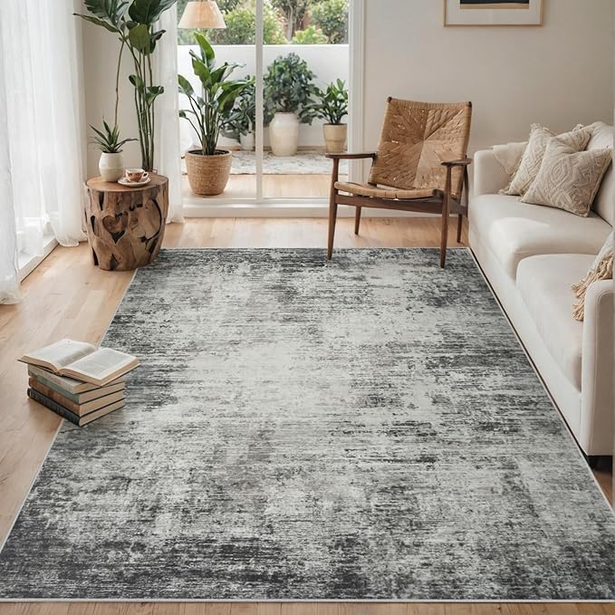Area Rug 9x12 Washable Rugs: Abstract Large Living Room Rugs with Non-Slip Backing, Stain Resistant Indoor Floor Carpet for Bedroom Dining Room Table Nursery Hallway Home Office-Black/Gray