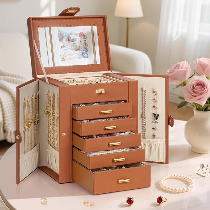 AKOZLIN Jewelry Box Organizer Functional Leather Jewelry Storage Case for Women Girls Ring Necklace Earring Bracelet Holder Organizer with Mirror
