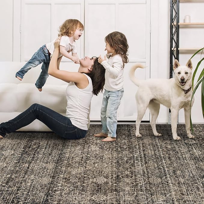 9x12 Area Rug Living Room Rugs, Stain Resistant Washable Rug, Vintage Large Non-Slip Backing, Low Pile Lightweight Print Rug for Bedroom Dinning Room Home Office (Brown)