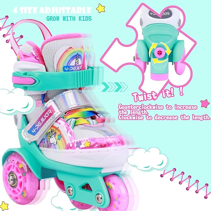4-Pejiijar Rainbow Unicorn Kids Roller Skates for Girls Toddler Ages 2-4 5-8 8-12,Adjustable Roller Shoes with Luminous Wheels for Birthday Xmas Gifts