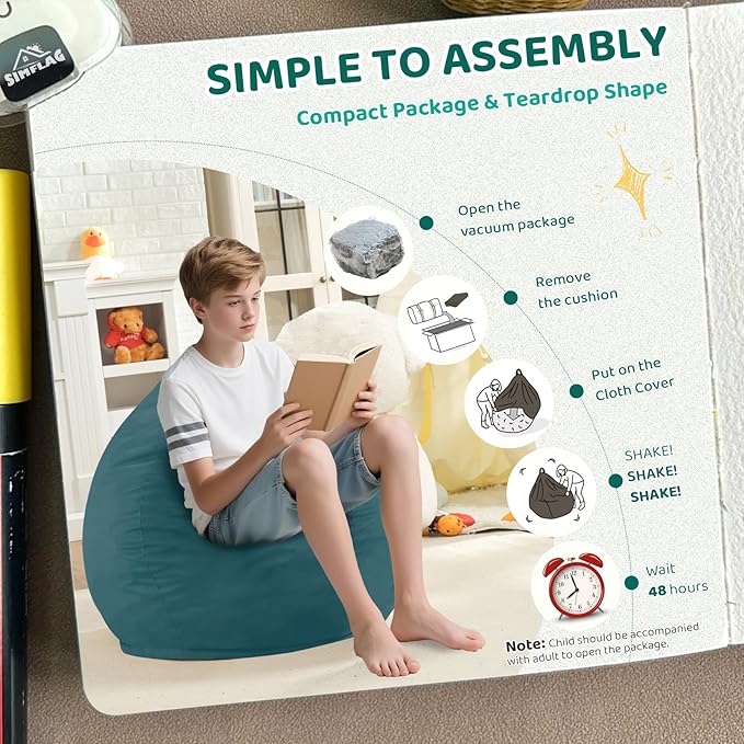 2FT Bean Bag Chair, Comfy Bean Bag Chairs with Memory Foam Filled, Fluffy Beanbag Sofa with Dutch Velvet Cover, Teardrop BeanBag Chairs for Living Room, Playroom - Sea Blue