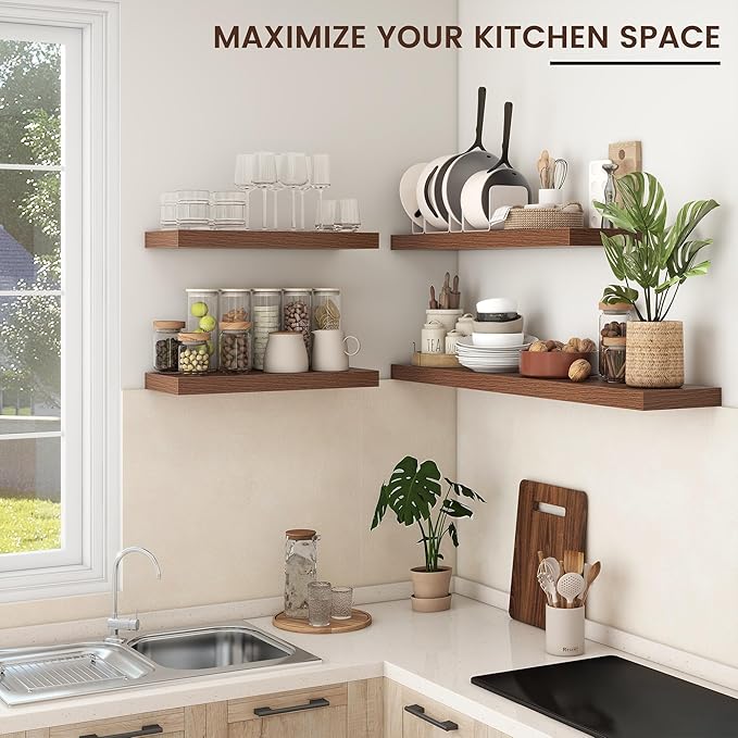 Floating Shelves - 2 Large Wall Mounted Shelves with Invisible Brackets, Long Wood Floating Wall Shelf for Living Room, Bedroom, Kitchen (Walnut, 24" W x 9" D x 1.5" H)