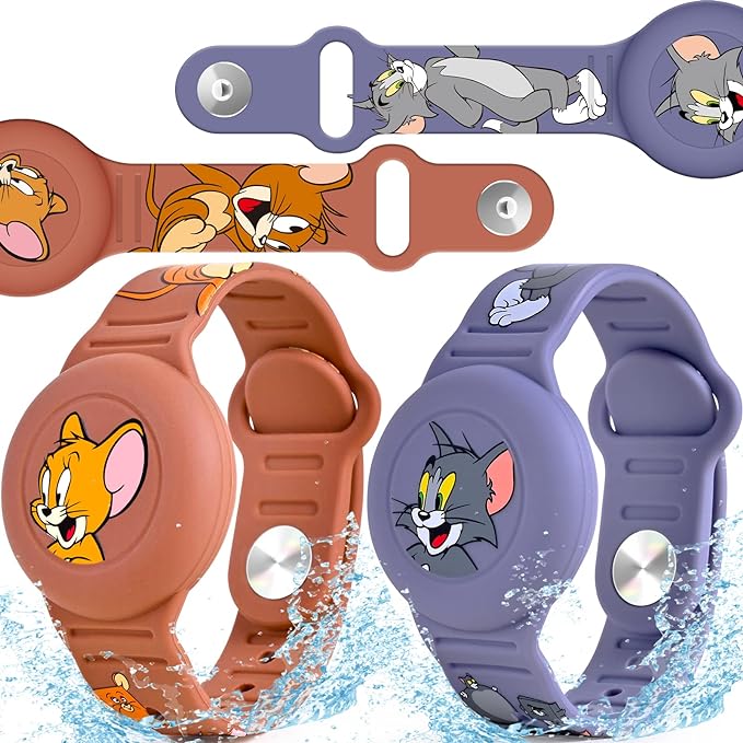 2 Pack AirTag Bracelet for Kids, Waterproof Cute Cartoon Air tag Holder for Kids with Watch Band Design, Full Coverage Silicone Airtag Hidden Accessories for Child, Healthy Material Brown + Grey