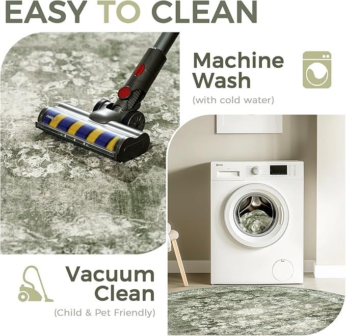 jinchan Round Rug 7ft Area Rug - Green Vintage Floor Mat Kitchen Indoor - Washable Circle 7' Thin Floral Print Carpet Retro Farmhouse Non Slip Dining Room Living Room Bedroom Office