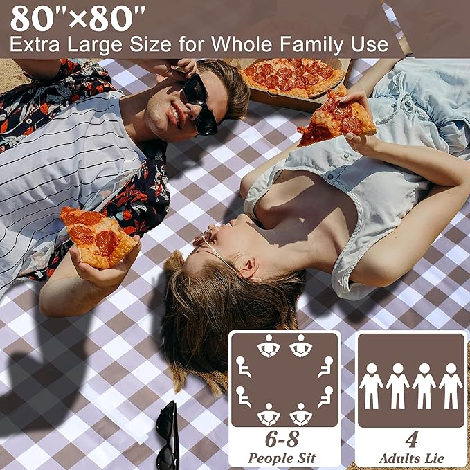 80"x80" Extra Large Waterproof Outdoor Mat - Sandproof Foldable Picnic Blanket for Family Camping, Backyard, Beach Parties - Heavy Duty & Easy Storage (Dark Brown)