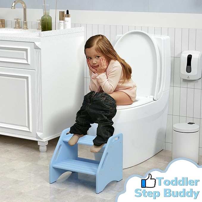 AMBIRD Wooden Step Stool, Two Step Stools 300 lbs Capacity with Safety Non-Slip Pads and Handles, Bamboo Step Stool for Bathroom, Kitchen Dual Height Step Stools for Kids (Sky Blue)