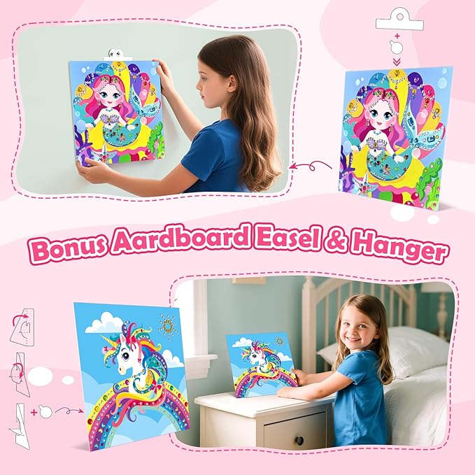 Gem Art Sticker Kit, Arts and Crafts for Kids Age 4-12, 8 Unicorn Princess Themes Diamond Art Kit, Gemstone Sticker Crafts Christmas Birthday Gifts for Girls Ages 4,5,6,7,8 Year Old (Pink-Unicorn)