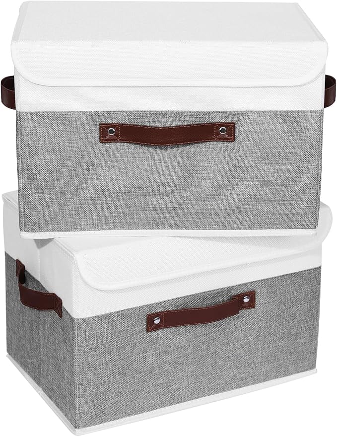 ANMINY 2PCS Storage Boxes with Lid Washable Decorative Storage Bins Basket with PU Leather Handle Foldable Linen Fabric Storage Cubes Containers for Home Closet Organizer - Gray White, Large Size