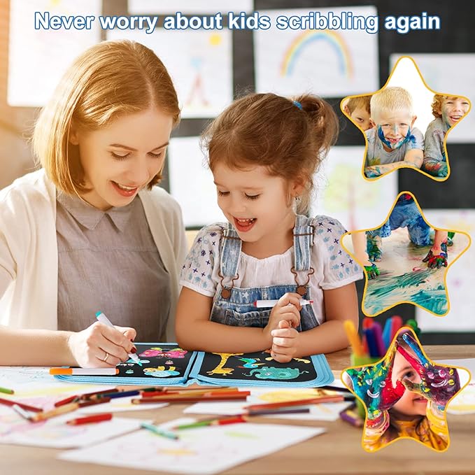 Erasable Kids' Doodle Set, Magic Drawing Book, Reusable 12 Watercolor Pens, 14 Page Car Game Set (Owl Blue)