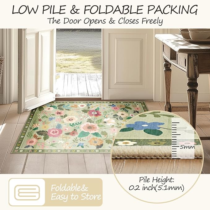 Floral 8x10 Area Rug Machine Washable Soft Print Boho Carpet Non Slip Doormat Low Pile Flower Area Rugs for Living Room Bedroom Nursery Kitchen Dining Room Indoor-Light Green