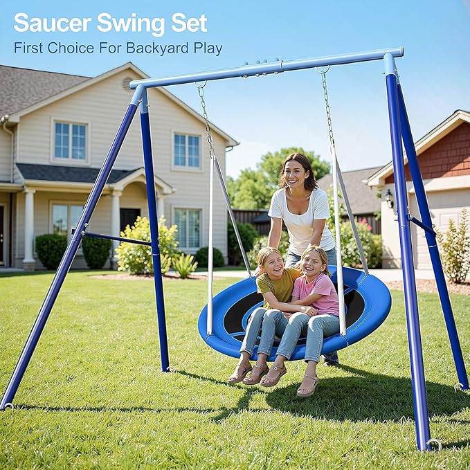 Heavy Duty 500lbs Saucer Swing Set - Outdoor Metal Frame Playground Equipment for Backyard, Includes 45'' Tree Swing & Adjustable Steel Stand - Kids/Toddlers Age 3-12