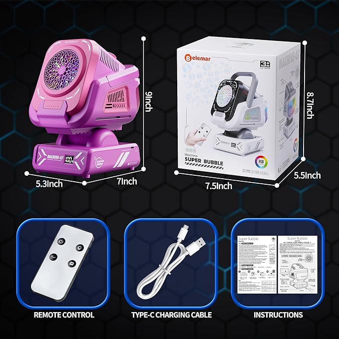 2025 Upgraded Bubble Machine with Remote Control, Automatic Rotation & RGB Lights, 1800mAh Rechargeable Battery, Type-C Charge, Bubble Maker for Kids, Weddings, Birthday Parties, Outdoor Activities