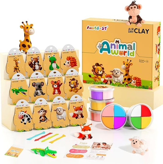 Air Dry Clay Kit - Animal Theme, Modeling Clay for Kids, DIY Model Magic Clay with Sculpting Tools and Tutorials, 12 Boxes Molding Clay, Ultra Light, Soft & Non-Toxic, Arts and Crafts Gift for Kids