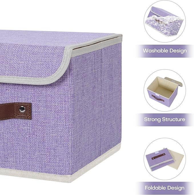 ANMINY 4PCS Storage Bins with Lid PU Leather Handles Storage Boxes PP Plastic Board Decorative Foldable Lidded Cotton Linen Fabric Home Cubes Baskets Closet Organizer Containers - Purple, Small Size