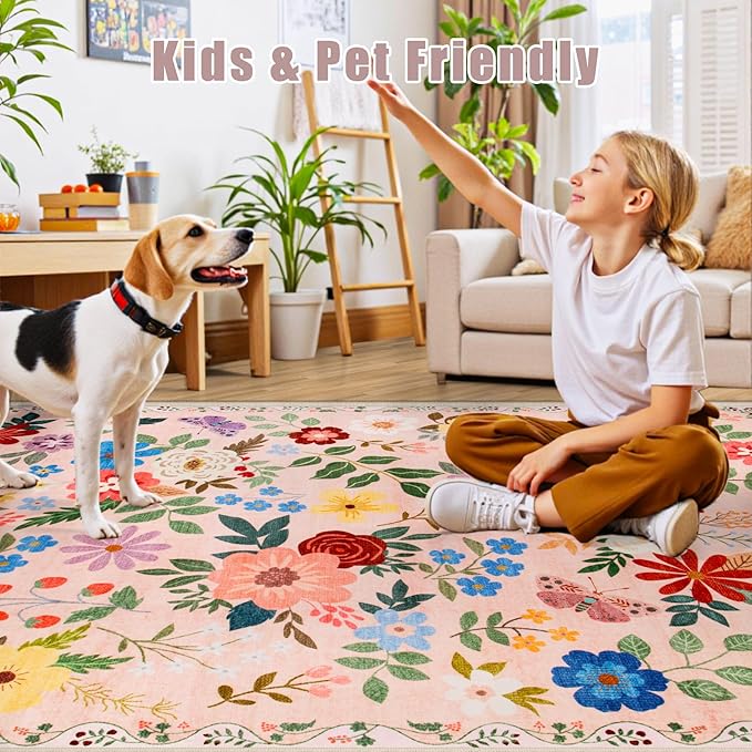 8x10 Area Rugs for Living Room: Floral Washable Rug Vintage Large Soft Boho Non-Slip Carpet Indoor Floor Stain Resistant Carpets for Bedroom Dining Room Farmhouse Nursery Home Office Beige