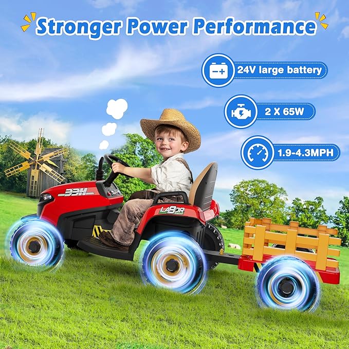 24V Ride On Tractor w/Tiltable & Detachable Trailer, 2x65W Motors, EVA Tires, Remote Control, Bluetooth, Shifter, Music, Electric Car for Kids Ages 2-5, Red