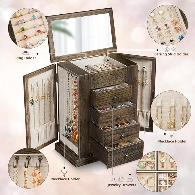Jewelry Box for Women, 5 Layer Large Wood Jewelry Boxes & Organizers for Necklaces Earrings Rings Bracelets, Rustic Jewelry Organizer Box with Drawers and Mirror(Vintage)