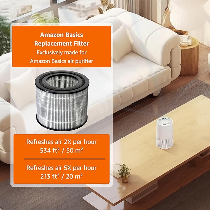 Amazon Basics Air Purifier for Home and Office, With 3-Stage Filtration, HEPA Filter With Activated Carbon, 3 Speeds, Timer, Sleep Mode (32db), Energy Star Certificate, Covers Up to 1067 Sq ft, White