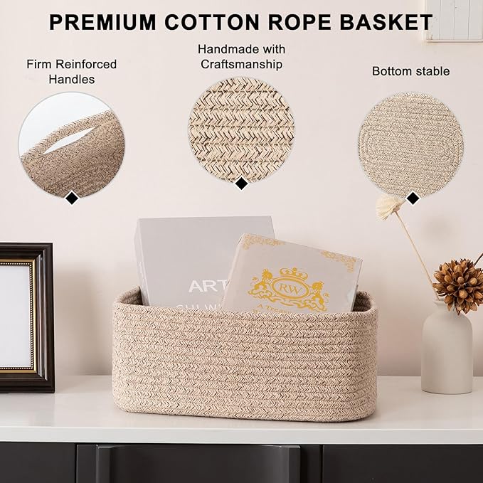 4 Pack Small Storage Shelf Baskets for Organizing, Mini Woven Rope Storage Bins for Towels, Cute Decorative Closet Organizer，Baby Nursery, Gift Empty Baskets -13.78''Lx9.84''Wx5.51''H-Brown