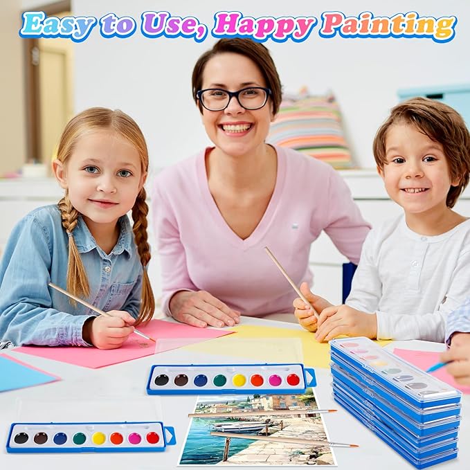 8 Colors Watercolor Paint Set for Kids,24 Pack Water Color Paints with Paint Brushes, Washable Paint for Classroom Art Activities Birthday Party Favors