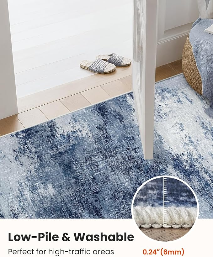 Amada 6x9 Washable Area Rug, Modern Abstract Living Room Rug with Non-Slip Backing & Short Pile, Large Rug with Abstract Pattern for Living Room, Bedroom and Dinning Room, Dark Blue