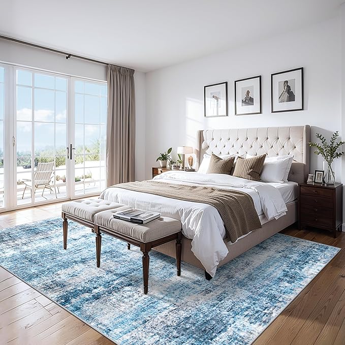 8x10 Area Rugs for Living Room - Washable Rug Modern Abstract Soft Large Neutral Non-Slip Carpet Indoor Floor Thin Carpets for Bedroom Dining Room Farmhouse Nursery Home Office Blue Grey