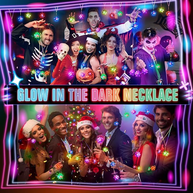 HONLYNE24 PCS Flashing Crystal Star Necklaces, Glow Necklaces Bulk Light up Party Favors, LED Glow in The Dark Necklaces for Kids Adults Birthday Glow Party Rave Halloween Goodie Bags Filler