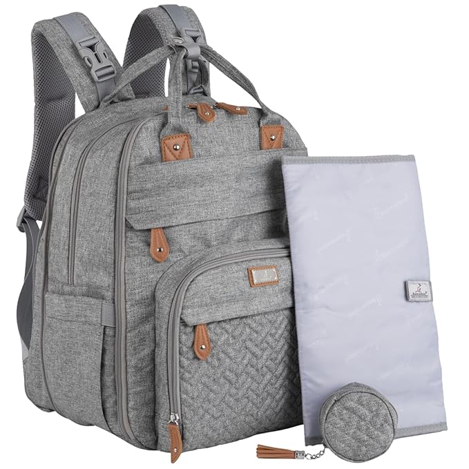 BabbleRoo Extra Large Diaper Bag Backpack, Expandable Baby Bag with Up to 50% More Capacity - Travel Essentials Baby Bag Tote with Changing Pad, Stroller Straps & Pacifier Case - Unisex, Light Gray