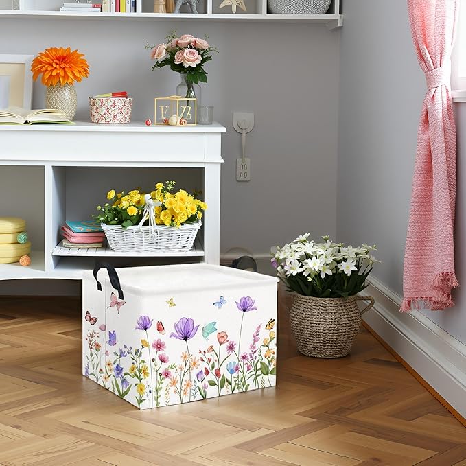 HIYAGON Rectangular Baby Girl Basket Kids Baby Storage Basket Toy Storage Bin Organizer Box Room Decor(Purple Flower)
