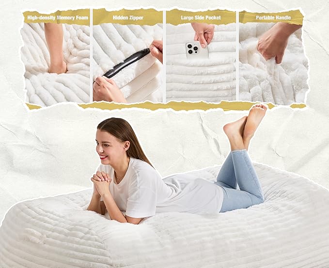 Hobestluk 5FT Bean Bag Chairs Adult Bean Bag with Portable Handle Comfy Large Bean Bag Lounge Chair with Removable Cover for Living Room Bedroom (Stripe White, 5FT)