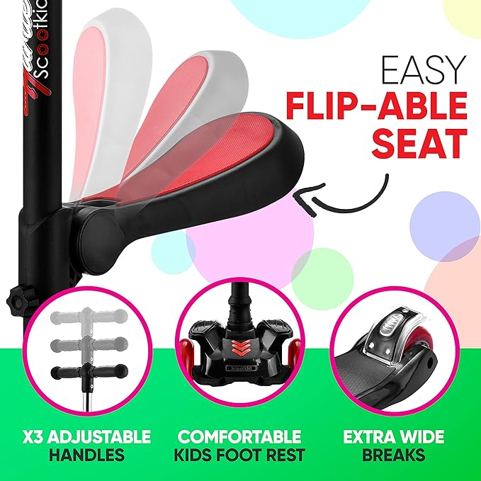 Hurtle 3-Wheeled Scooter for Kids - Wheel LED Lights, Adjustable Lean-to-Steer Handlebar, and Foldable Seat - Sit or Stand Ride with Brake for Boys and Girls Ages 1-14 Years Old