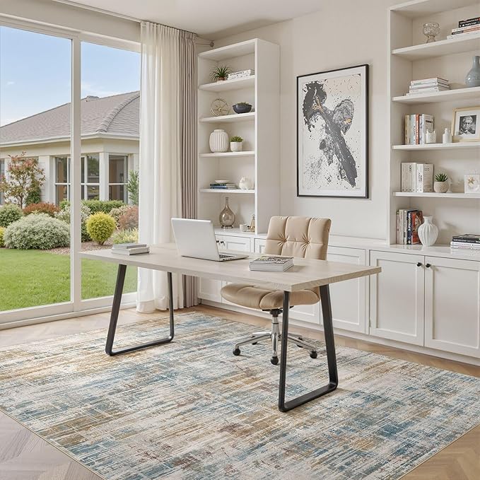 Area Rug for Living Room: 9x12 Washable Neutral Abstract Modern Soft Rugs Non Slip Indoor Floor Stain Resistant Large Carpet for Bedroom Dining Room Office Nursery - Blue Brown