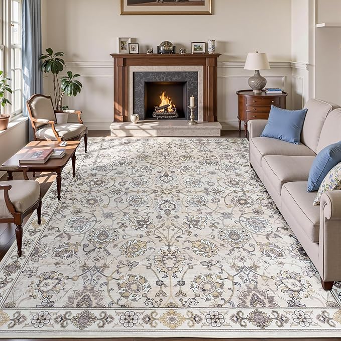 Floral 8x10 Area Rugs for Living Room, Washable Large Bedroom Rug, Soft Non Slip Carpet, Stain Resistant Low Pile Carpets for Indoor Under Table Dining Home Office Nursery, Beige